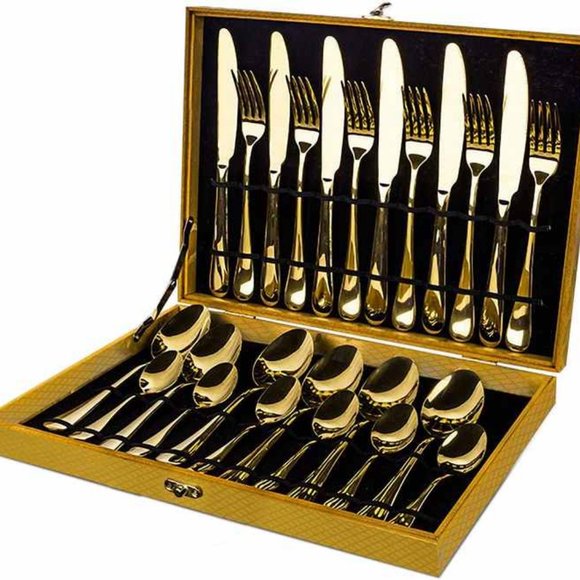 Perfect Holiday Gift 24-Piece Gold Forged Stainless Steel Flatware Set, Service - Picture 4 of 14
